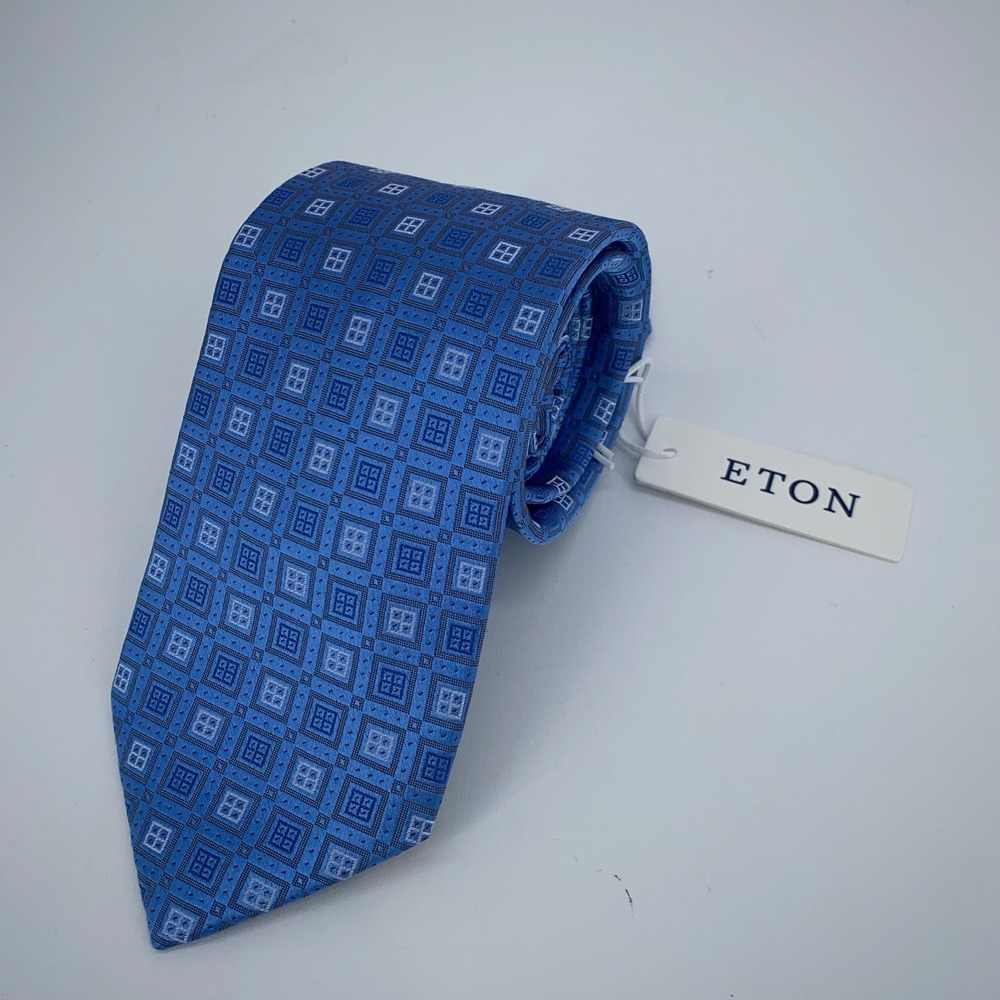 Eton Mens Blue Geometric Patterned Silk Classic Fit Tie Made in England NWT